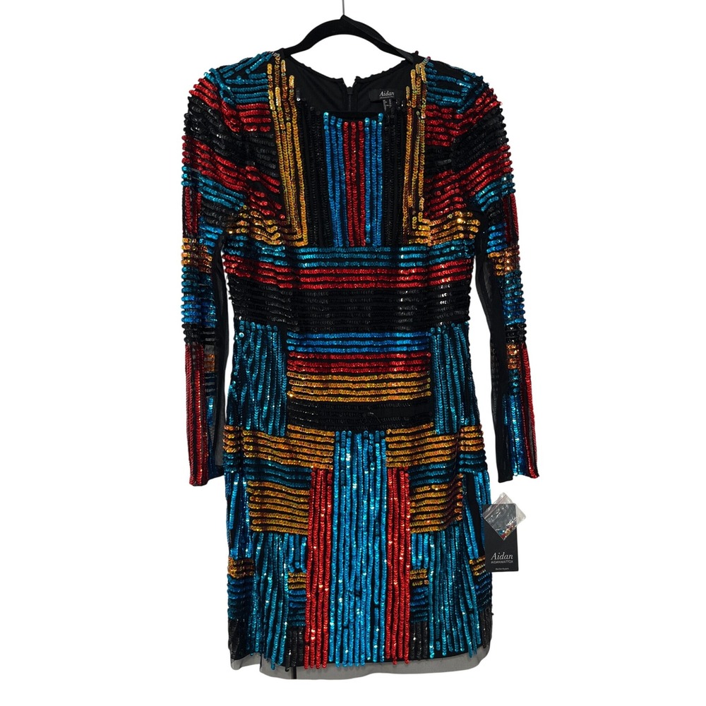 Aidan Mattox Sequin Geometric Print Long Sleeve Mini‎ Dress Size 10